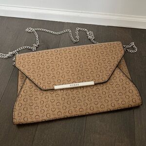 Guess Tan Logo Clutch with Silver Chain Crossbody 
Evening Clutch, Envelope